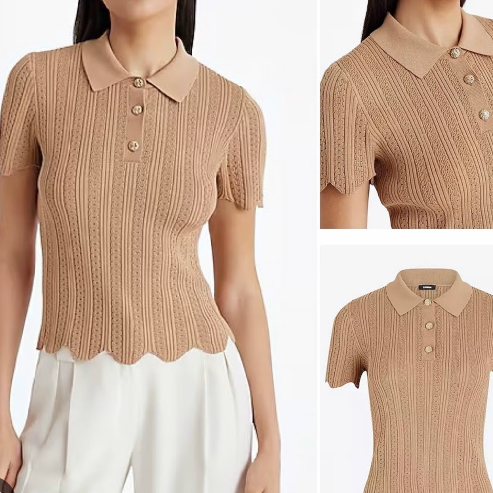 Express Camel Knit Polo Top